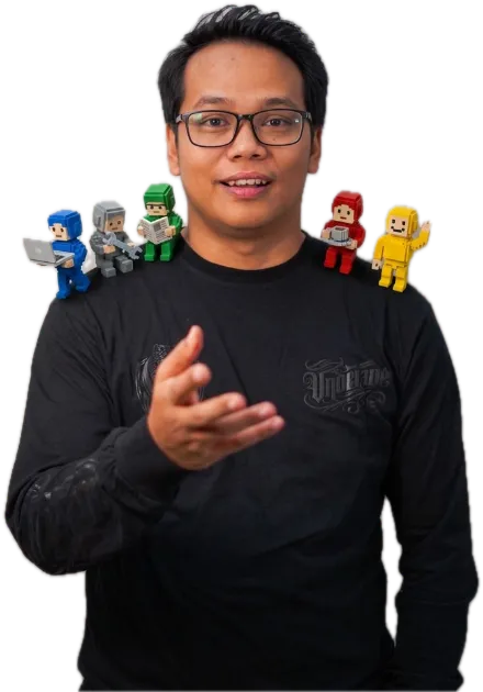 Bram sedang menjelaskan, dengan lima figur kecil agen AI di pundaknya
